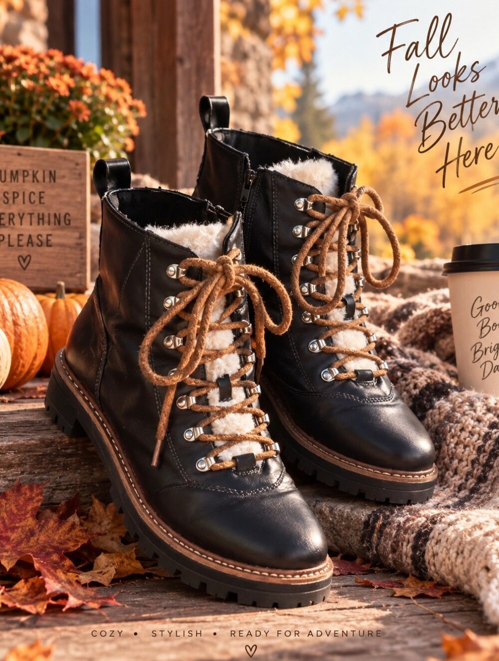 Black Leather Lug Sole Lace-Up Ankle Boots - Women